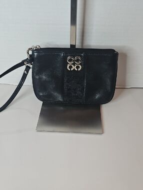 Coach Black Leather Wristlet Clutch with Silver Hardware